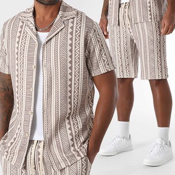 LBO - 1882 Beige Marrón Estampado Étnico Conjunto Camisa Manga Corta Y Pantalón Corto