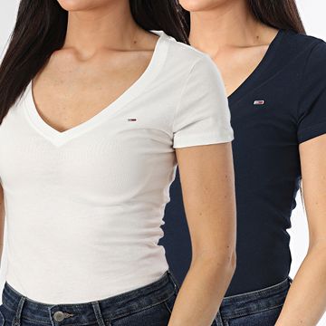 Tommy Jeans - Lote de 2 camisetas de mujer con cuello en V 1367 Blanco Azul Marino