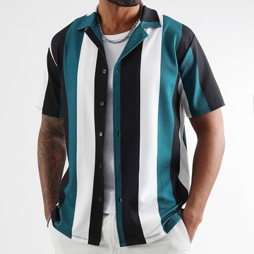 LBO - 1920 Impreso Rayas Camisa Manga Corta Verde Botella Blanco Negro