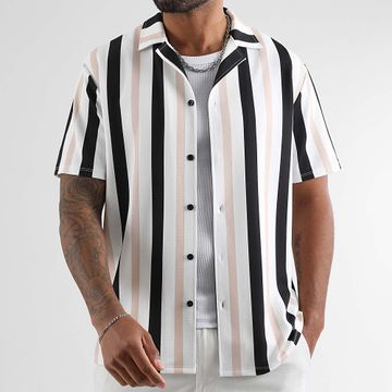 LBO - 1921 Camisa Manga Corta Estampada Rayas Blanco Beige Negro
