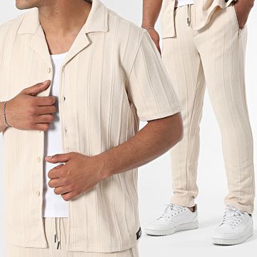 Zelys Paris - Conjunto de camisa de manga corta y pantalón de rayas Beige