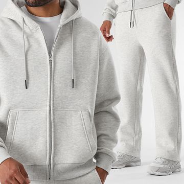 LBO - 3789 Conjunto de sudadera con capucha y cremallera gris claro y pantalón de jogging