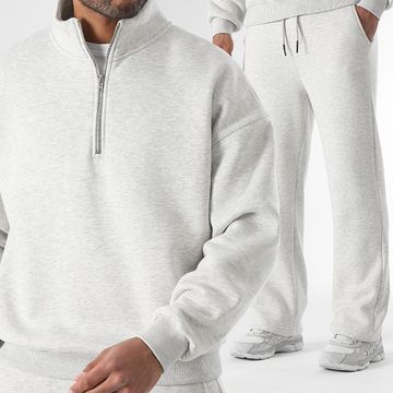 LBO - 3790 Conjunto de sudadera con cuello de cremallera y pantalón de chándal gris claro