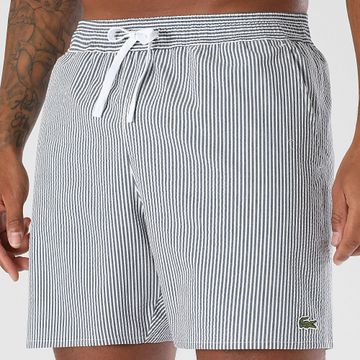 Lacoste - Bermudas de baño a rayas con logo de cocodrilo azul marino y blanco