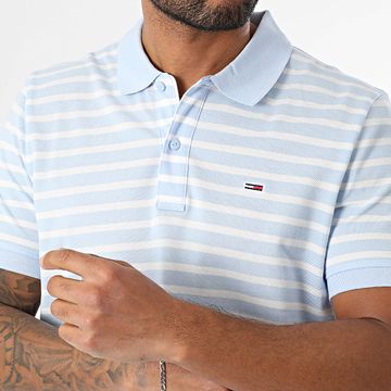 Tommy Jeans - Placket 0676 Polo Manga Corta Azul Claro Blanco Rayas Slim