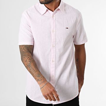 Tommy Jeans - Camisa Manga Corta Rayas Regular Mezcla de Lino 0894 Rosa Blanco