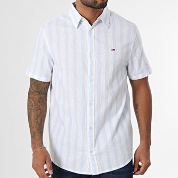 Tommy Jeans - Camisa Manga Corta Rayas Regular Mezcla de Lino 0894 Azul Claro Blanco