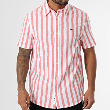Tommy Jeans - Camisa Manga Corta Rayas Regular Mezcla de Lino 0894 Roja Blanca