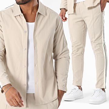 Zayne Paris  - 115 Conjunto de camisa y pantalón beige de manga larga con rayas
