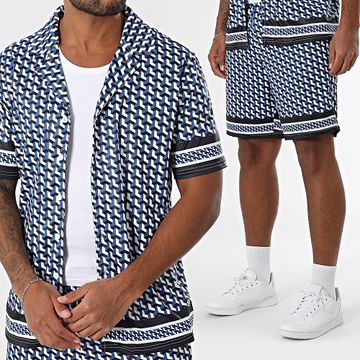 Zayne Paris  - Conjunto de camisa de manga corta y pantalón corto 087 Negro Azul Marino Blanco