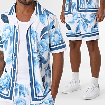 Zayne Paris  - Conjunto de camisa de manga corta y pantalón corto 085 Blanco Azul Real Floral