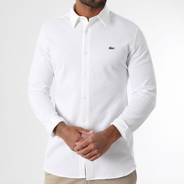 Lacoste - Camisa Manga Larga Logo Cocodrilo Bordada Slim Fit Blanca