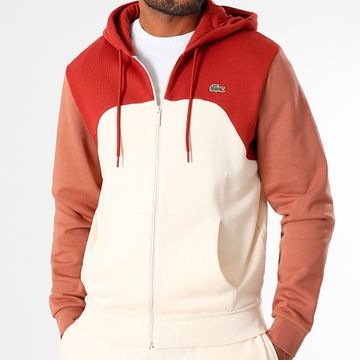 Lacoste - Cremallera Sudadera Logo Cocodrilo Bordada Beige Rojo Ladrillo