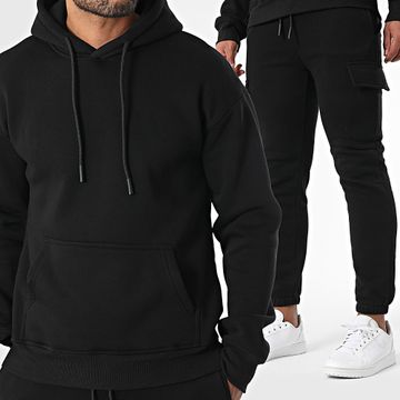 Classic Series - Conjunto de sudadera con capucha y pantalón cargo liso 028 Negro