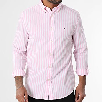 Tommy Hilfiger - Camisa de manga larga Flex Poplin Blod Stripe 9159 Rosa Blanco