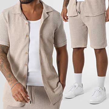 Mackten - Conjunto de camisa de manga corta y pantalón corto de punto 563 Beige
