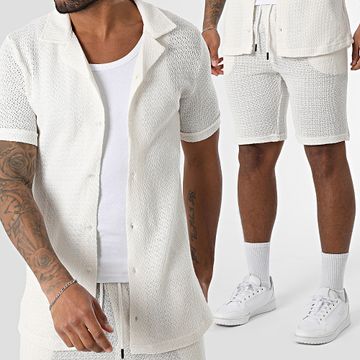 Mackten - Conjunto de camisa de manga corta y pantalón corto de punto 563 Beige claro