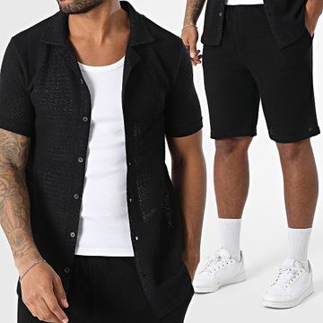 Mackten - 563 Conjunto de camisa negra de manga corta y pantalón corto de punto