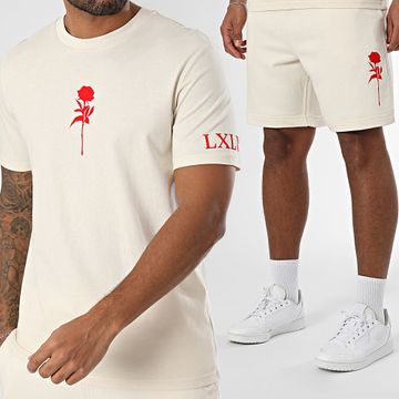 Luxury Lovers - Conjunto de camiseta y pantalón corto de terciopelo rosa, beige y rojo
