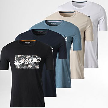 Jack And Jones - Juego De 5 Camisetas Con Forma De Hawaii Blanco Beige Negro Azul Oscuro Azul Marino