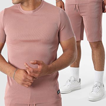 Zelys Paris - Conjunto de camiseta de canalé y pantalón corto de jogging rosa Tilon