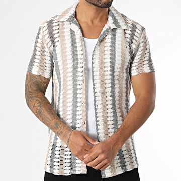 Classic Series - 045 Crudo Beige Gris Carbón Rayas Punto Camisa Manga Corta