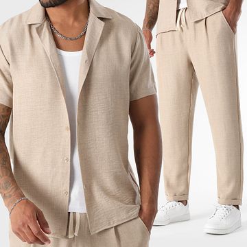 LBO - Conjunto de camisa de manga corta y pantalón efecto lino 1550 Beige