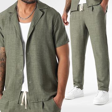 LBO - Conjunto de camisa de manga corta y pantalón efecto lino 1552 verde caqui