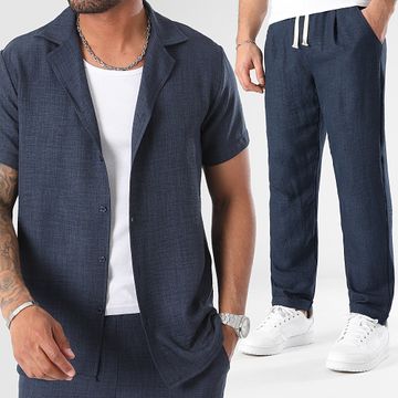 LBO - Conjunto de camisa de manga corta y pantalón efecto lino 2031 Azul Marino