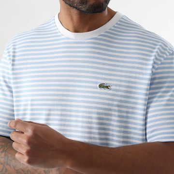 Lacoste - Stripes Embroidered Logo Crocodile Classic Fit Tee Shirt White Light Blue