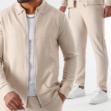 LBO - 2036 Conjunto de pantalón chino beige con textura y chaqueta con cremallera