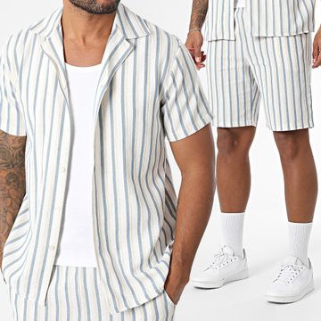 Frilivin - 161 Conjunto de camisa de manga corta y pantalón corto a rayas beige y azul claro