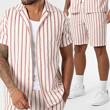 Frilivin - 161 Conjunto de camisa de manga corta y pantalón corto de rayas rojas beige