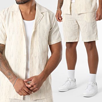 Frilivin - Camisa de manga corta y pantalón corto a rayas 162 Beige