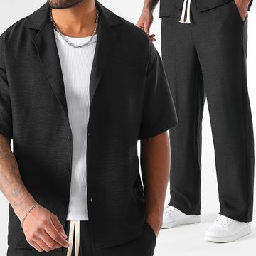 LBO - Conjunto de camisa de manga corta y pantalón ancho efecto lino 2058 Negro