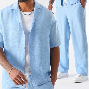 LBO - Conjunto de camisa de manga corta y pantalón ancho efecto lino 2059 Azul claro