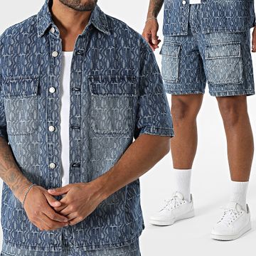 Uniplay - Jean 018 Conjunto de camisa vaquera azul de manga corta y pantalón corto tipo cargo