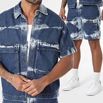 Uniplay - JS8035 JD8009 Conjunto de camisa vaquera azul de manga corta y pantalón corto tipo cargo