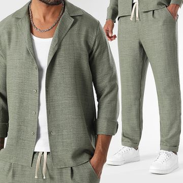 LBO - Conjunto de camisa de manga larga y pantalón efecto lino 2063 verde caqui