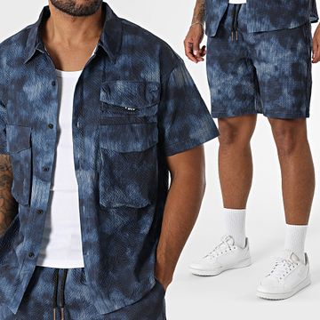 MTX - 528 Conjunto de Camisa de Manga Corta y Pantalón Corto a Rayas Negro y Azul Marino