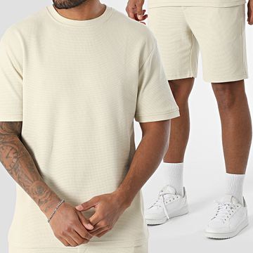 Classic Series - Conjunto de camiseta oversize grande y pantalón corto texturizado 051 beige