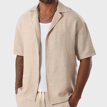 LBO - Camisa de manga corta efecto lino grande 1520 Beige jaspeado