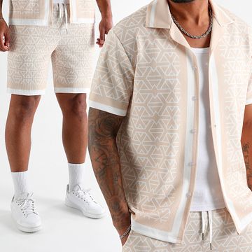 LBO - Conjunto de camisa de manga corta y pantalón corto estampado 1629 Beige Blanco