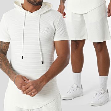 John H - 338 Conjunto de camiseta con capucha de canalé y pantalón corto de jogging Beige claro