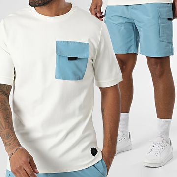 Zelys Paris - Iondi Conjunto de camiseta oversize con bolsillos y pantalón corto tipo cargo, beige claro y azul