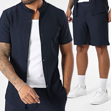 Zelys Paris - Conjunto de camisa de manga corta y pantalón corto de punto elástico Revo azul marino