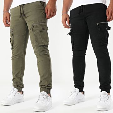 John H - Juego De 2 Pantalones Cargo Negro Verde Caqui 01