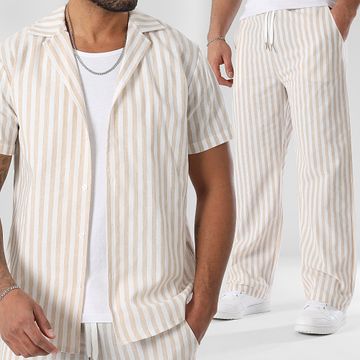 LBO - Conjunto de camisa de manga corta y pantalón de rayas 1565 1609 Beige Blanco