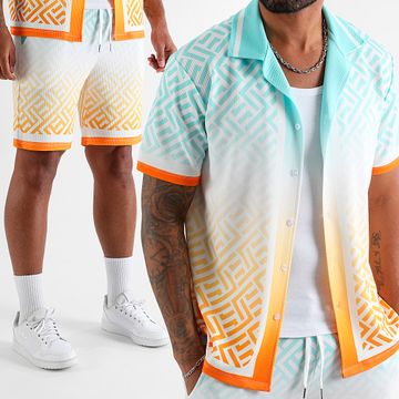 LBO - Sunset 1639 Azul Naranja Gradiente Camisa Manga Corta Y Conjunto Estampado Corto