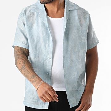 Frilivin - O13 Camisa Manga Corta Azul Claro Floral